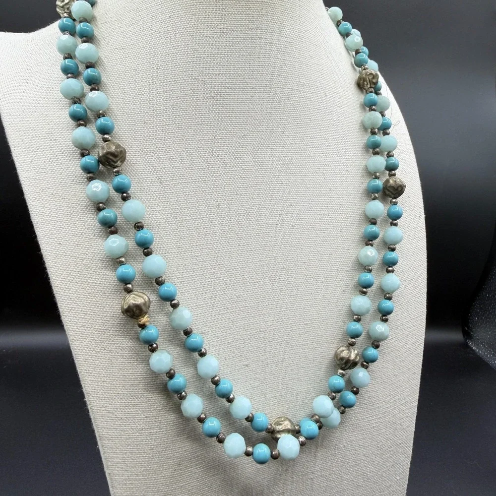 Turquoise & Silver Tone Blue Beaded Double Strand Necklace Faceted Boho Jewelry